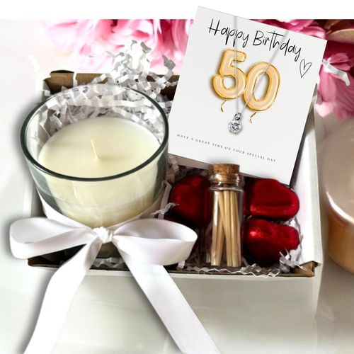 Deluxe 50th Birthday Gift Hamper: Gold Balloons, Necklace, Chocolates & Candle