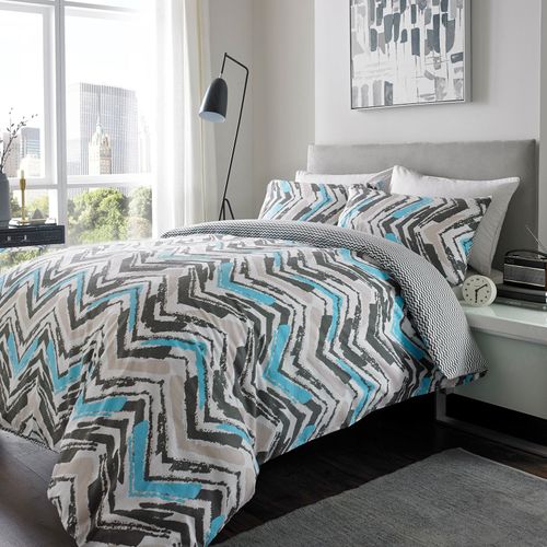 Luxury 100% Brushed Cotton Chevron Duvet Set - King Size Blue Beige