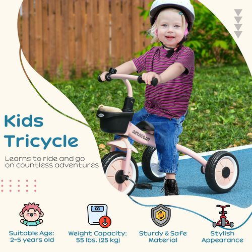 Adjustable Kids Trike with Basket & Bell - Pink Tricycle for Ages 2-5