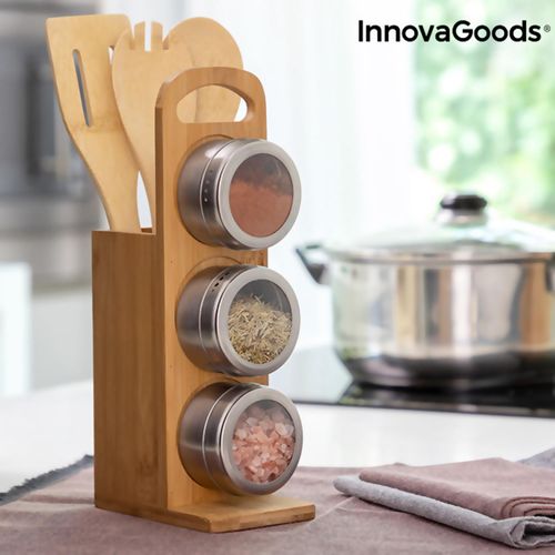 7-Piece Bamsa Bamboo Utensil & Magnetic Spice Rack Set - Stainless Steel Magic!