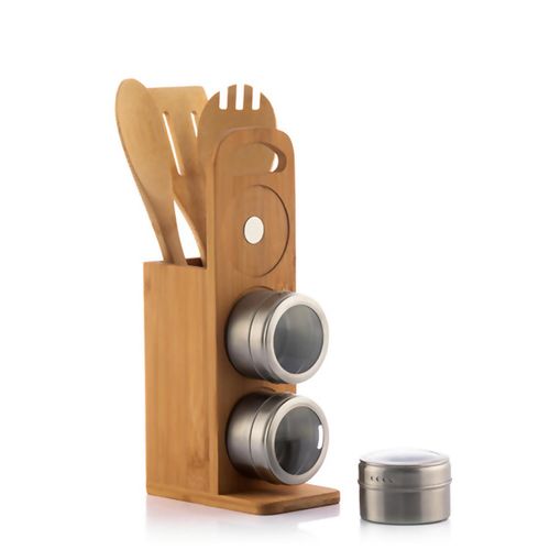 7-Piece Bamsa Bamboo Utensil & Magnetic Spice Rack Set - Stainless Steel Magic!