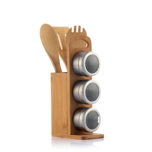 7-Piece Bamsa Bamboo Utensil & Magnetic Spice Rack Set - Stainless Steel Magic!