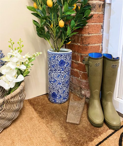 Stylish White & Blue Floral Ceramic Umbrella Stand for British Homes