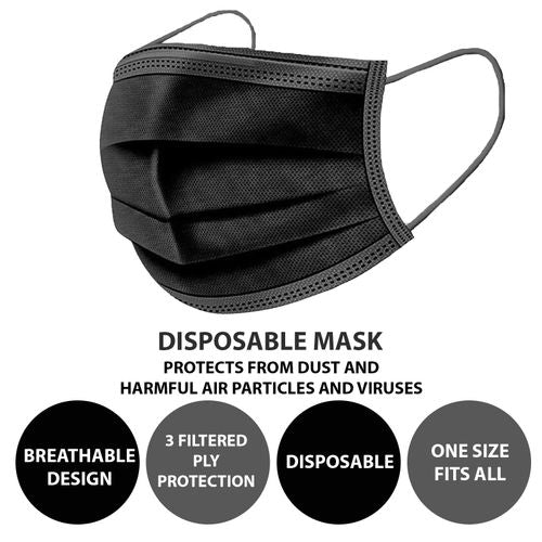 25 Pack Black Disposable Face Masks | 3-Ply Protection for Travel & Daily Use