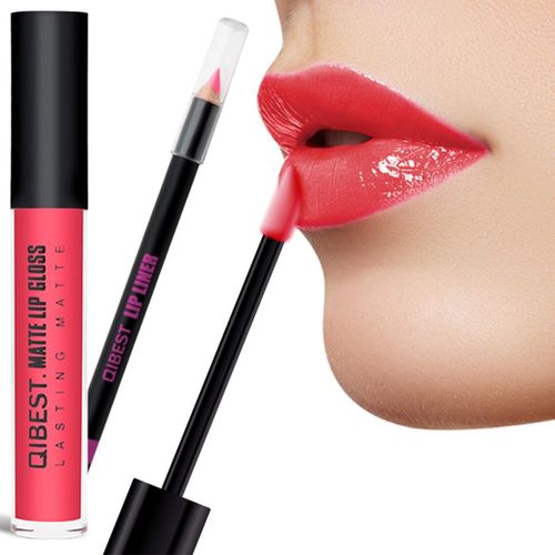 Qibest Double Pack Matte Liquid Lip Gloss & Lip Pencil Kit for Perfect Lips