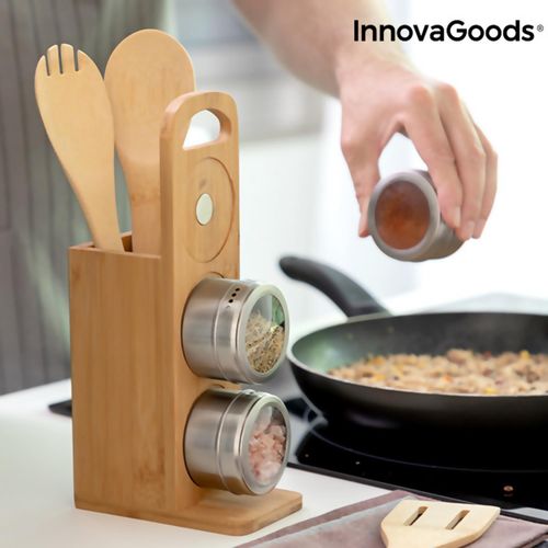 7-Piece Bamsa Bamboo Utensil & Magnetic Spice Rack Set - Stainless Steel Magic!